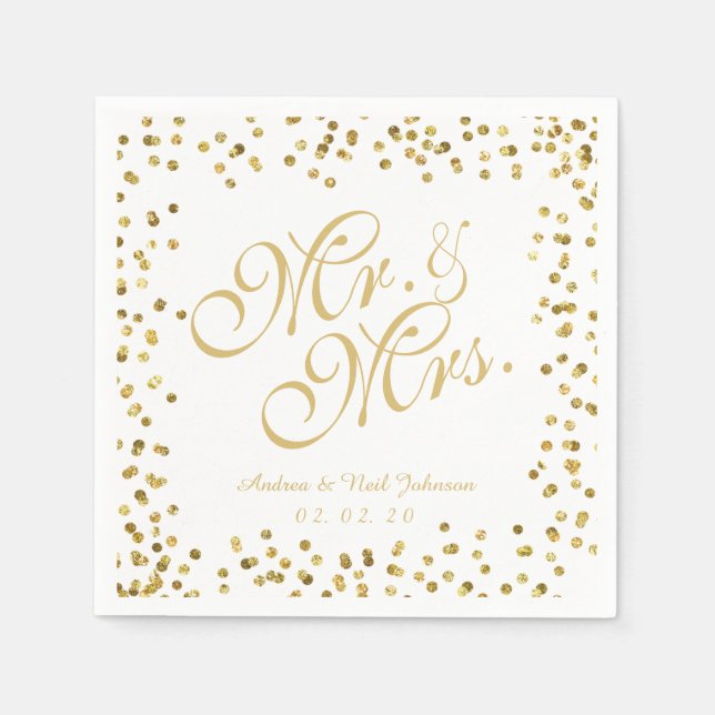 Faux Gold Glitter Elegant Mr. and Mrs. Wedding Napkins (Front)