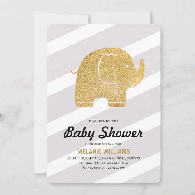 Faux Gold Glitter Elephant Grey Baby Shower Invite (Front)