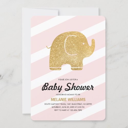 Faux Gold Glitter Elephant Pink Baby Shower Invite