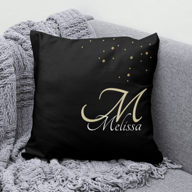 Faux Gold Glitter + Embossed Gold Monogram Black Throw Pillow (Gold Monogram Pillow with Your Name and Faux Gold Glitter Confetti)