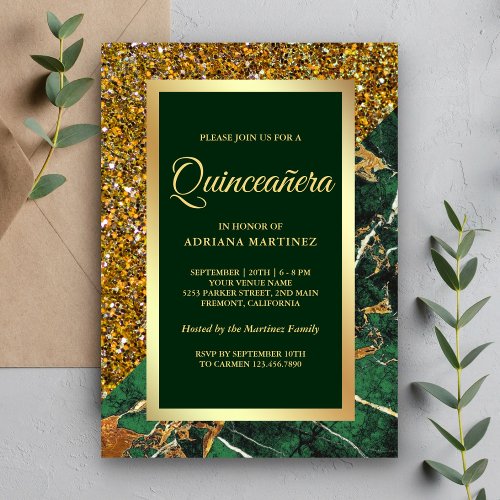 Faux Gold Glitter Emerald Green Marble Quinceanera Invitation