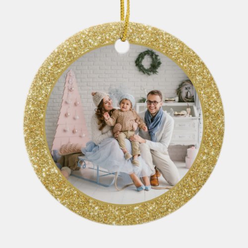 Faux Gold Glitter Family Photo Christmas Ceramic Ornament