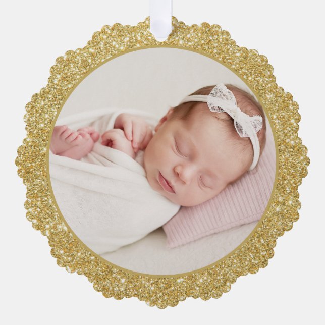 Faux Gold Glitter Family Photo Christmas Ornament Card (Front)