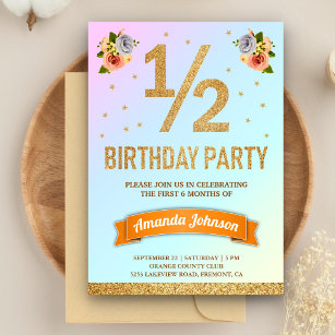 Faux Gold Glitter Floral Half Birthday Party Invitation