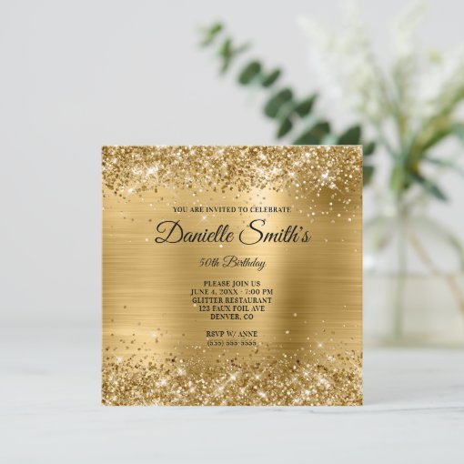 Faux Gold Glitter Foil Monogram 50th Birthday Invitation 