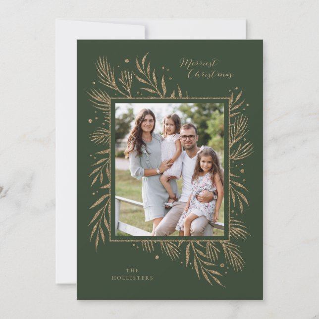 Faux Gold Glitter Foliage Christmas Holiday Card (Front)
