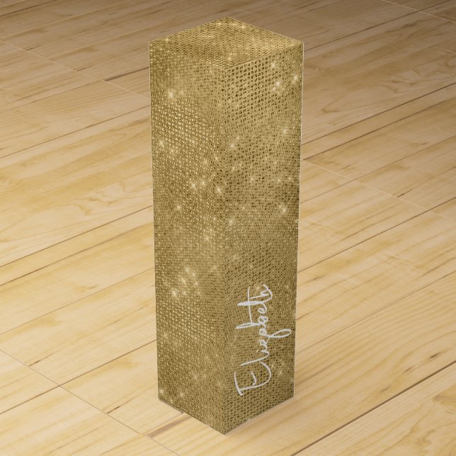 Faux Gold Glitter Glam Bachelorette Personalized Wine Box (Front)