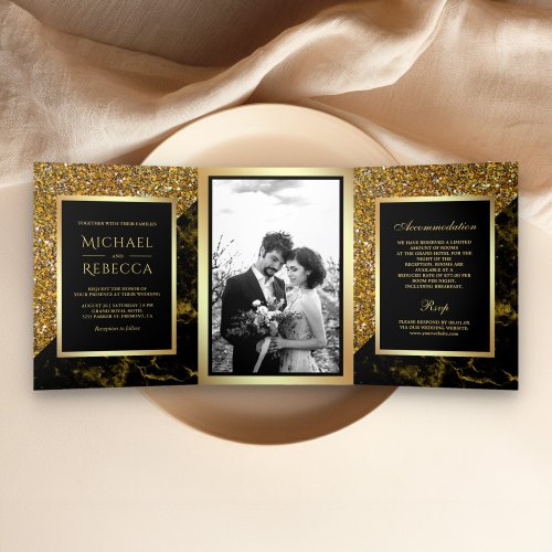 Faux Gold Glitter Gold Marble Photo Wedding Tri_Fold Invitation