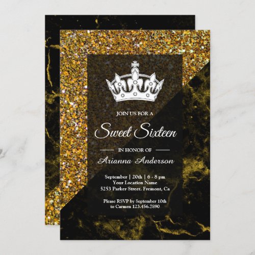 Faux Gold Glitter Gold Marble Sweet Sixteen Invitation