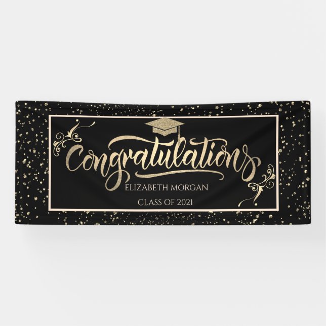 Faux Gold Glitter Graduate Cap, Confetti  Banner (Horizontal)