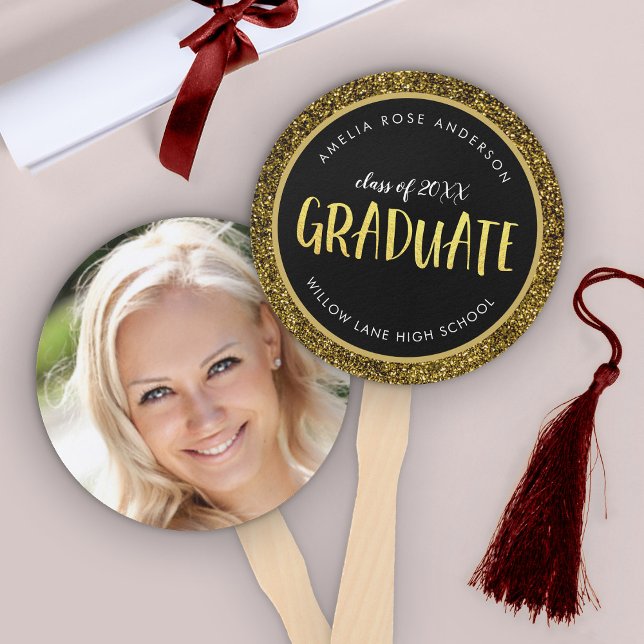 Faux Gold Glitter Graduate Photo Graduation Hand Fan (Creator Uploaded)