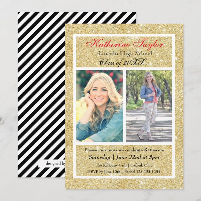 Faux Gold Glitter - Graduation Announcement (Front/Back)
