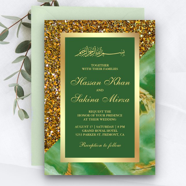 Faux Gold Glitter Green Marble Muslim Wedding Invitation (Creator Uploaded)