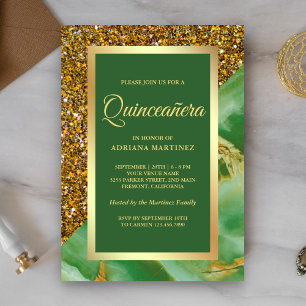 Faux Gold Glitter Green Marble Quinceanera Invitation
