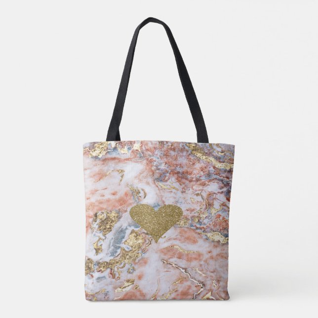 Faux Gold Glitter Heart Cool Gold Marble Texture Tote Bag (Back)
