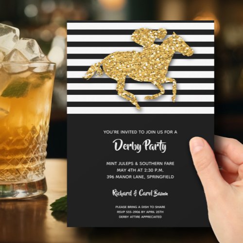Faux Gold Glitter Horse  Stripes Derby Invitation