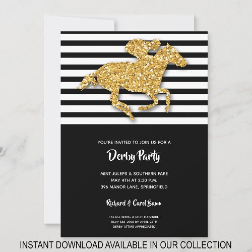 Faux Gold Glitter Horse  Stripes Derby Invitation