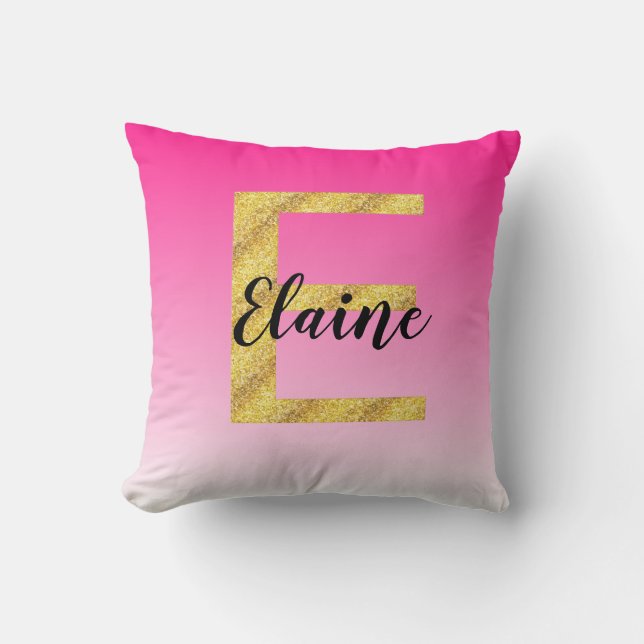 Faux Gold Glitter Initial Letter E Pink Gradient Throw Pillow (Front)