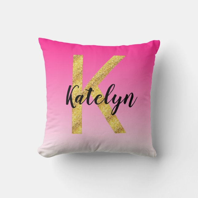 Faux Gold Glitter Initial Letter K Pink Gradient Throw Pillow (Front)