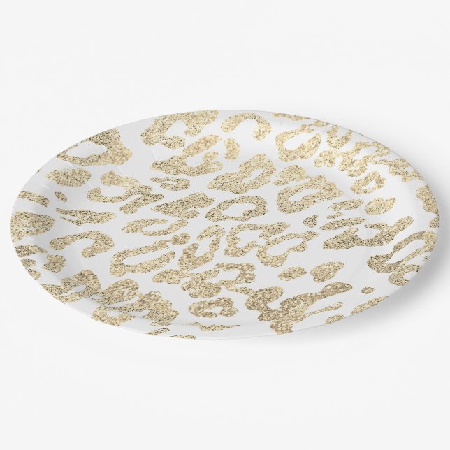 faux gold glitter leopard pattern paper plates (Angled)