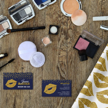 Faux Gold Glitter Lips And Confetti Makeup Artist Business Card by SocialiteDesigns at Zazzle