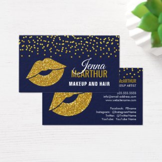 Faux Gold Glitter Lips and Confetti Makeup Artist Business Card