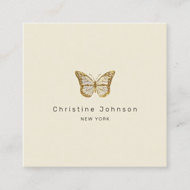 faux gold glitter logo butterfly square business card (Front)