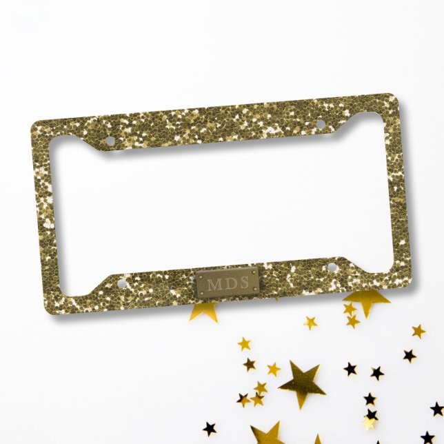 Faux Gold Glitter Look Modern Monogrammed License Plate Frame (Leaving sparkle wherever you go? Add your initials to this faux gold glitter one and share your joy!)