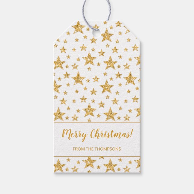 Faux Gold Glitter Look Stars Merry Christmas Gift Tags (Front)