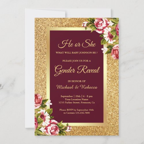 Faux Gold Glitter Maroon Floral Gender Reveal Invitation