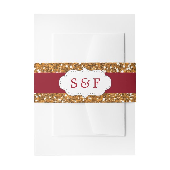 Faux Gold Glitter Maroon Red Wedding Monogram Invitation Belly Band (Front Example)