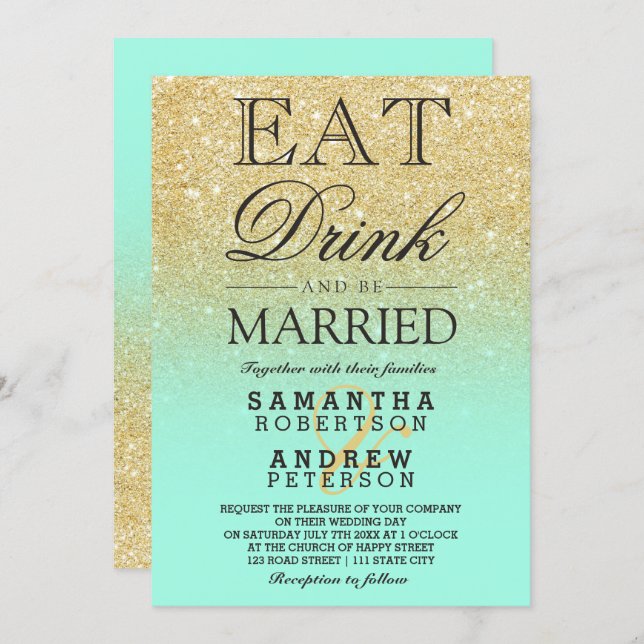 Faux gold glitter mint ombre eat drink wedding invitation (Front/Back)