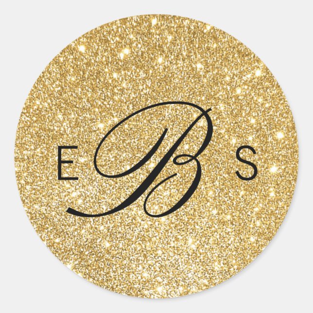 Faux Gold Glitter Monogram Circle Wedding Stickers (Front)