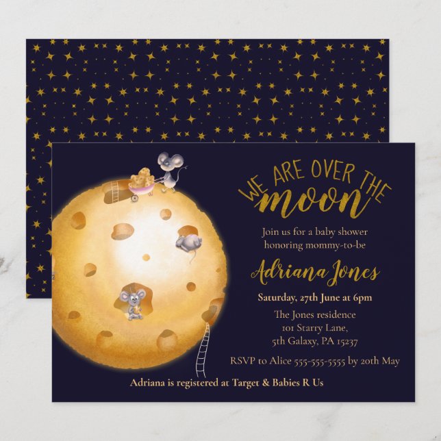 Faux gold glitter, moon made of cheese & cute mice invitation (Front/Back)