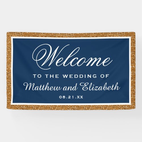 Faux Gold Glitter Navy Blue Wedding Welcome Banner