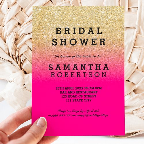 Faux gold glitter neon pink ombre bridal shower invitation