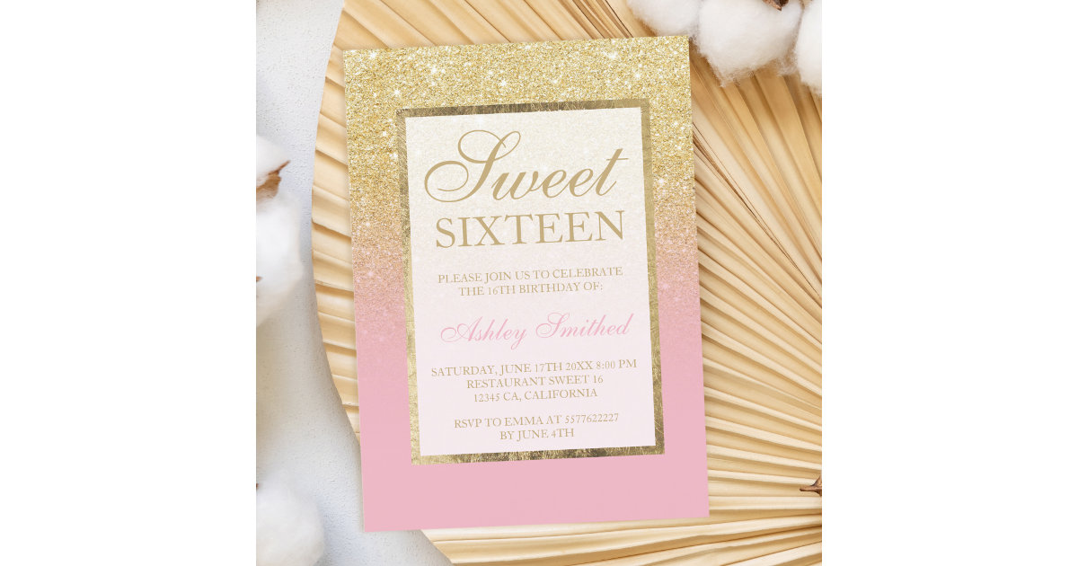 Modern rose gold glitter ombre photo Sweet 16 rsvp Tri-Fold Invitation, Zazzle