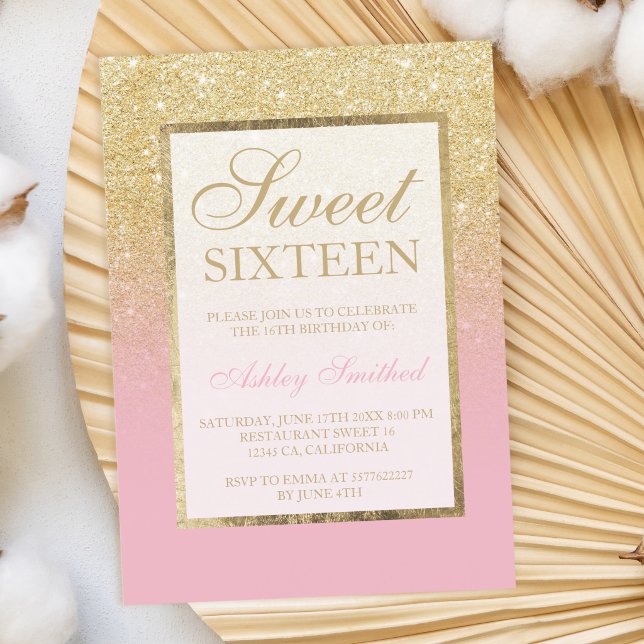 Faux gold glitter ombre pink elegant Sweet sixteen Invitation