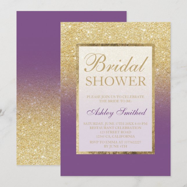 Faux gold glitter ombre purple chic bridal shower invitation (Front/Back)