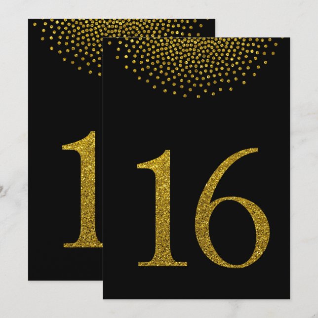 Faux Gold Glitter on Black Table Number Card (Front/Back)