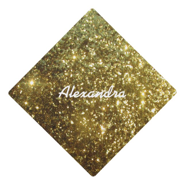 Faux Gold Glitter optional Name- White Graduation Cap Topper (Front)