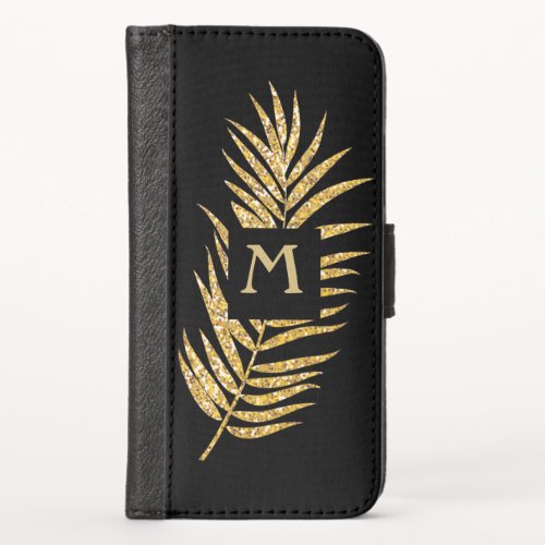 Faux Gold Glitter Palm Tree on Black Tropical iPhone X Wallet Case