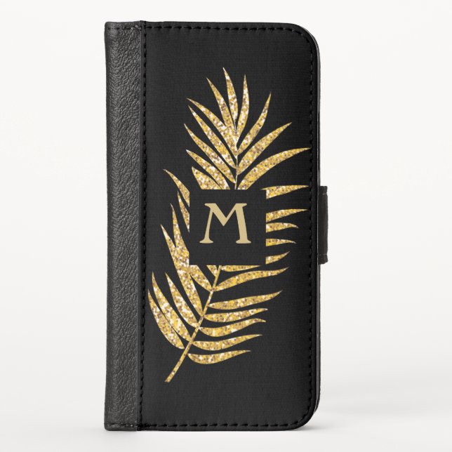 Faux Gold Glitter Palm Tree on Black Tropical iPhone Wallet Case (Front)