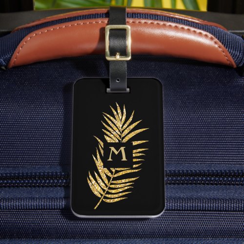 Faux Gold Glitter Palm Tree on Black Tropical Luggage Tag