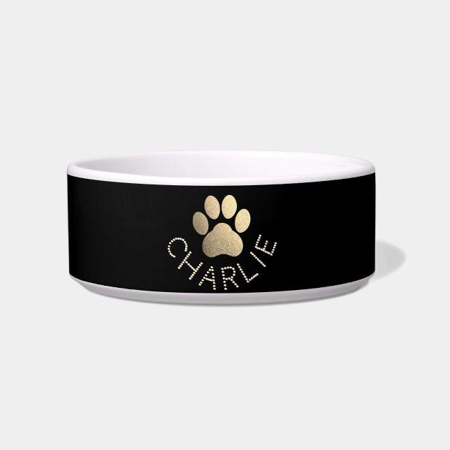Faux Gold Glitter Pawprint Custom Name Dog Bowl (Front)