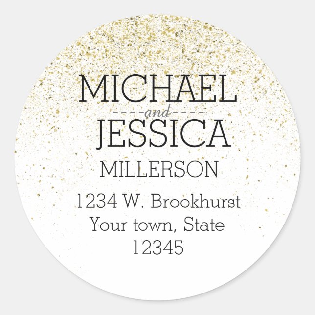 Faux Gold Glitter Personalized name and address Classic Round Sticker (Front)