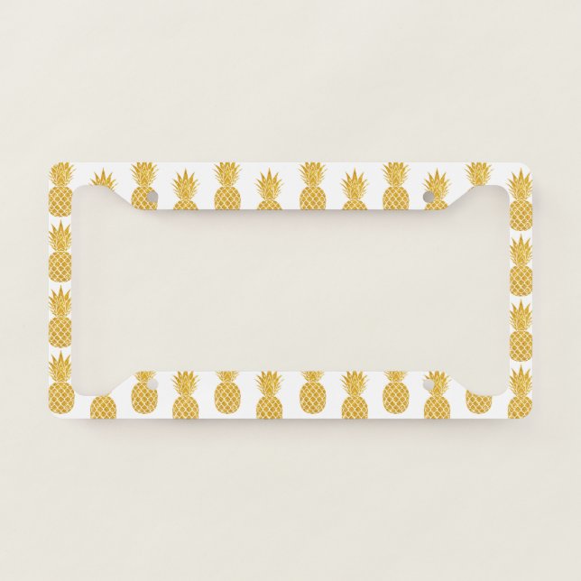 Faux Gold Glitter Pineapples License Plate Frame (Front)