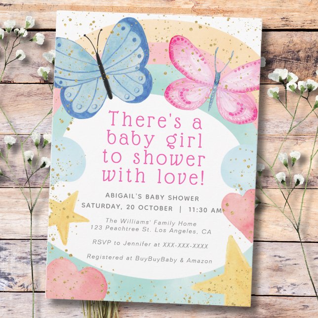 Faux Gold Glitter Pink Butterfly Girl Baby Shower Invitation (Creator Uploaded)