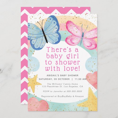 Faux Gold Glitter Pink Butterfly Girl Baby Shower Invitation