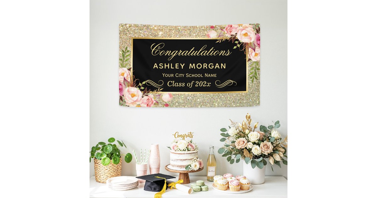 Faux Gold Glitter Pink Floral Graduation Party Banner | Zazzle